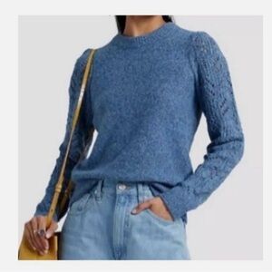 Veronica Beard Blue Devi Openwork Puff Sleeve Sweater